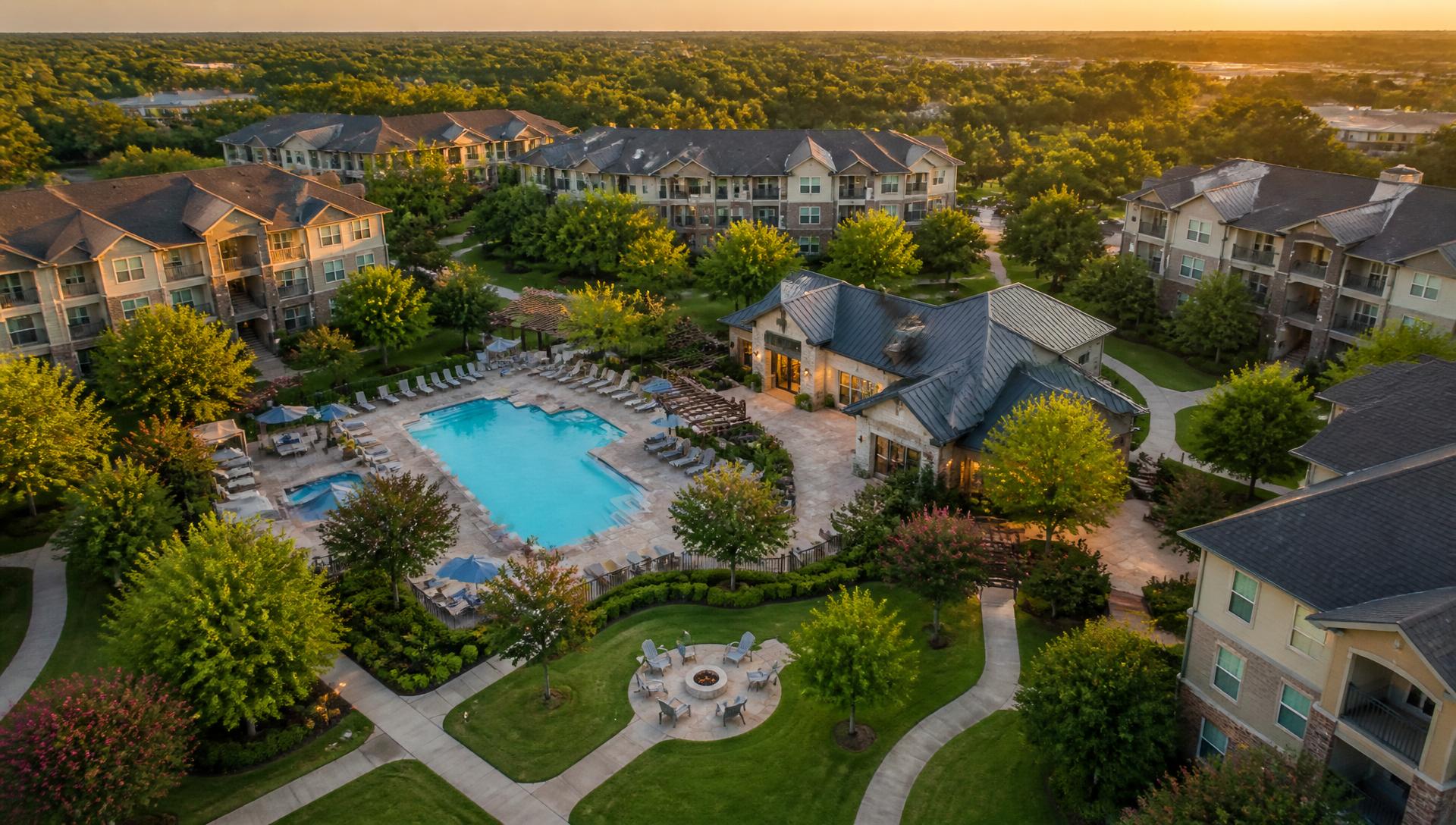 Aerial view of a garden-style multifamily apartment community at sunset with a resort pool and lush landscaping